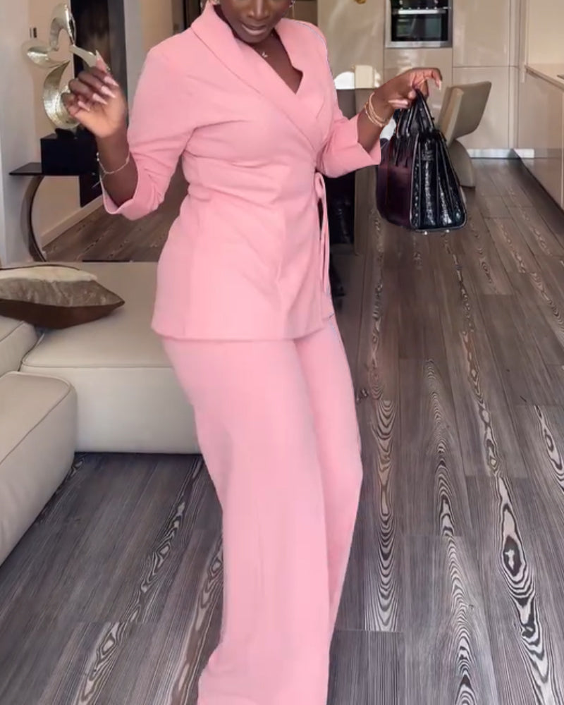 2 Pieces Outfit Overlap Shawl Collar Lace-up Side Cinched Waist Coat and Elastic Back Waist Wide Leg Pants Set Casual Blazer Set