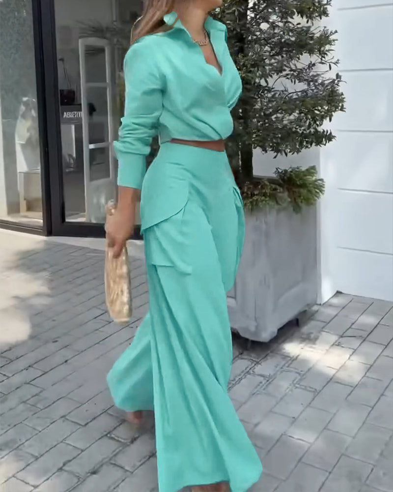 Ruched Long Sleeve Shirt & Wide Leg Asymmetrical Pants Set