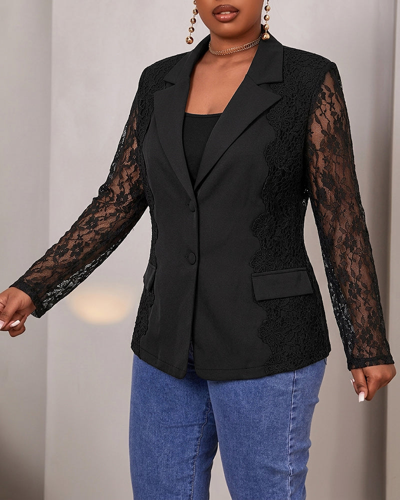 Women's Lace Patchwork Blazer Elegant Sheer Sleeve Single Breasted Coat