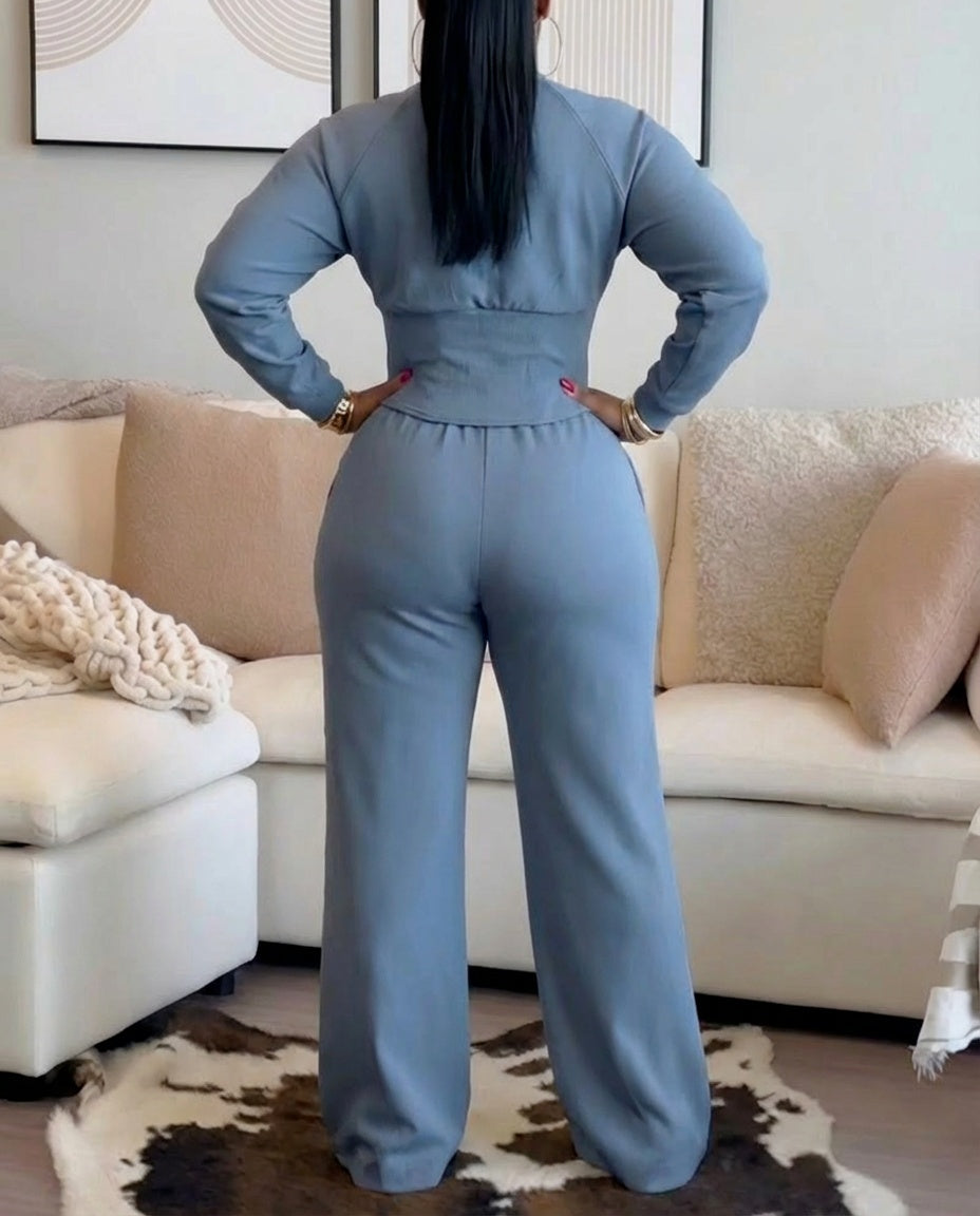 2 Pieces Outfit O-neck Long Sleeve Cinched Waist Sweatshirt and Elastic Waist Wide Leg Pants Set Casual Seam Design Sweatpants Set