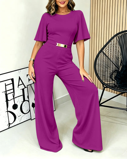 Women's Elegant Wide-Leg Jumpsuit Butterfly Sleeve Romper Gold Detail High Waist Overalls with Pockets
