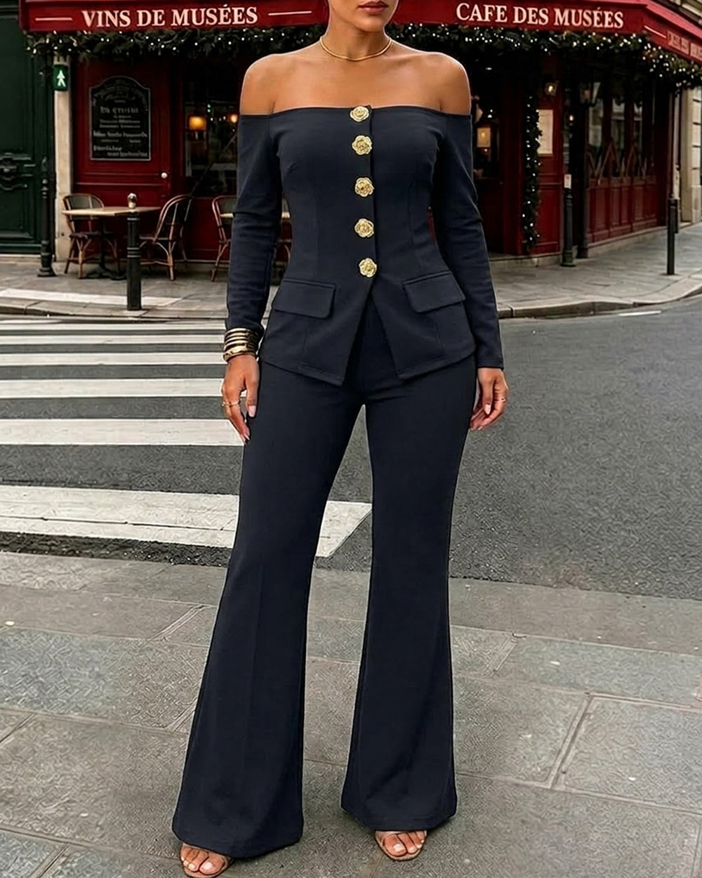 Women's Two Piece Outfit Off Shoulder Gold Flower Button Top and High Waist Flare Pants