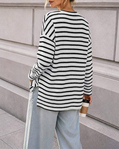 Women's Striped Textured Knit Long Sleeve T-Shirt Casual Side Slit Loose Fit Top