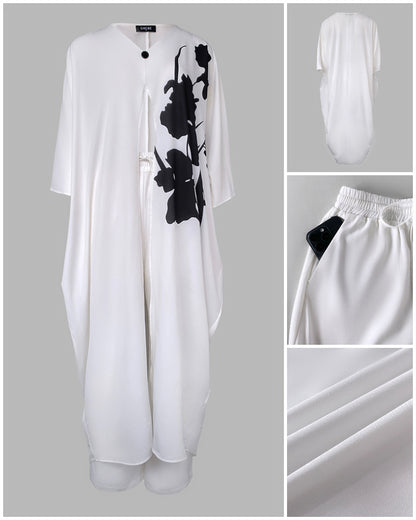 2 Pieces Outfit Floral Placement Print V-Neck Batwing Sleeve High Slit Front Longline Top and Casual Drawstring Elastic Waist Pants Set with Pockets & Lining