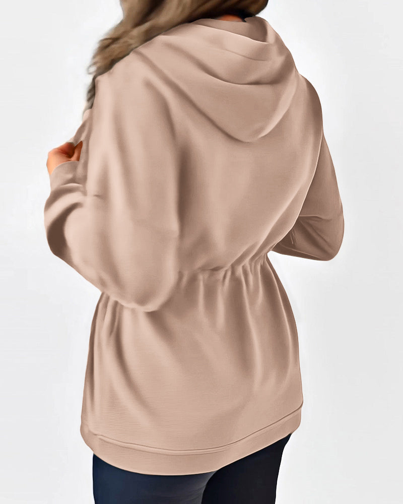Long Sleeve Waist Drawstring Hooded Coat Casual Loose Fit Cardigan Jacket with Pockets