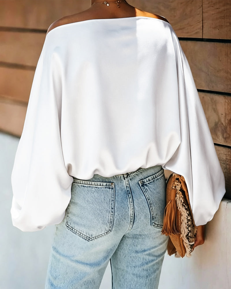 Women's Off Shoulder Satin Blouse Lantern Long Sleeve Shirt Casual Loose Fit Skew Neck Top