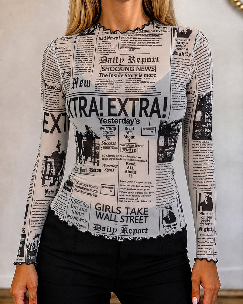 Women's Sheer Mesh Vintage Newspaper Print Mock Neck Frill Trim Long Sleeve Top