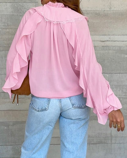 V-Neck Long Sleeve Button Front Eyelash Lace Spliced Blouse Casual Ruffles Patchwork Semi-Sheer Top