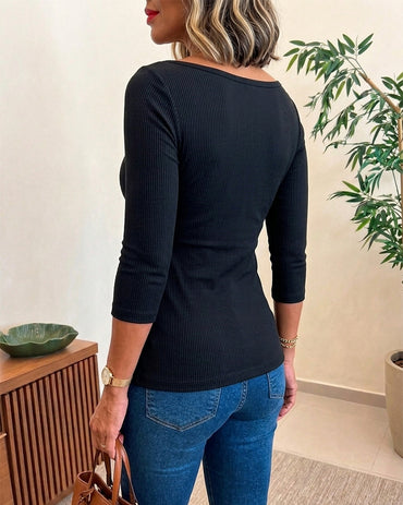 Women's Boat Neck Gold Ring Ruched Ribbed Top Slim Fit Three Quarters Sleeve Tee