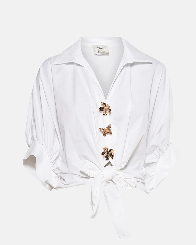 Vintage Palace Style Turn-down Collar Batwing Sleeve Golden Floral Button Front Blouse Casual Knot Front Loose Fit Top