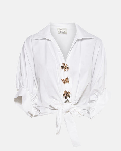 Vintage Palace Style Turn-down Collar Batwing Sleeve Golden Floral Button Front Blouse Casual Knot Front Loose Fit Top