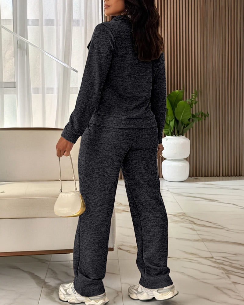 Women's Casual Tracksuit Set Zip Up Long Sleeve Lapel Jacket and High Waisted Straight Leg Pants Lounge Set with Pockets
