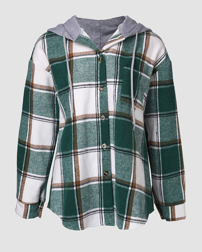 Plaid Pattern Long Sleeve Shacket Button Down Fleece Lined Hooded Jackets Warm Coat