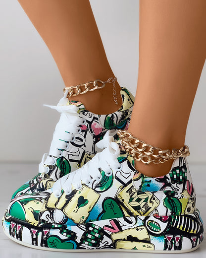 Lace-up Front Painting Print Platform Sneakers
