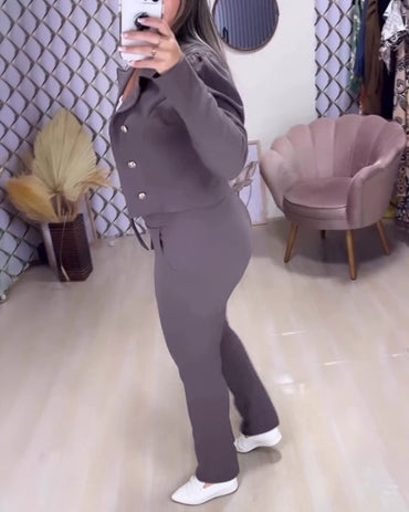 Women's 2 Piece Blazer Set Cropped Double Breasted Coat and Drawstring Pants