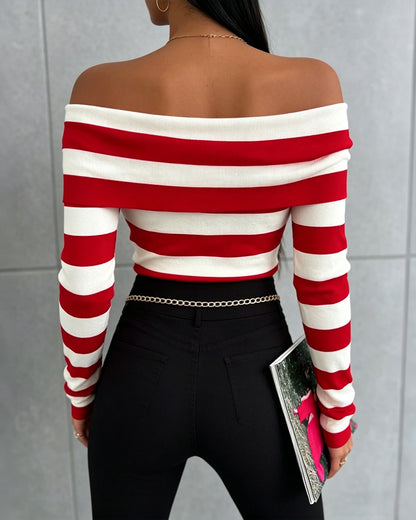 Women's Foldover Off Shoulder Striped Pullover Long Sleeve Slim Fit Knit Top