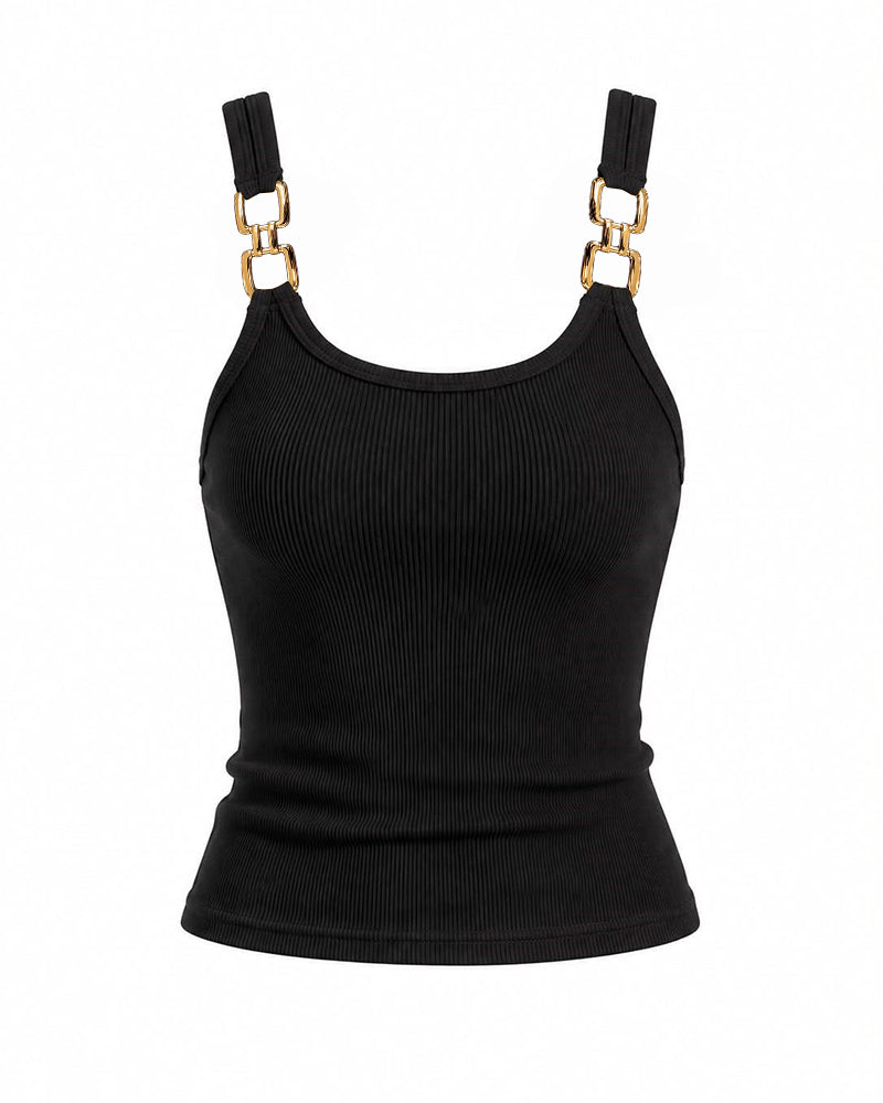 Women's Gold Chain Tank Top Ribbed Knit U-Neck Backless Cami Sleeveless Tee