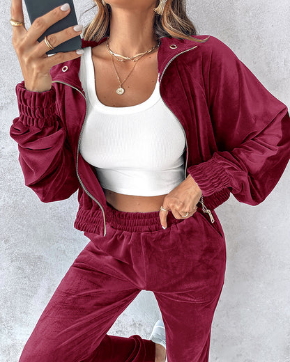 2 Piece Velvet Lounge Outfits Zip Up Crop Sweatshirt and Cuffed Sweatpants with Pockets