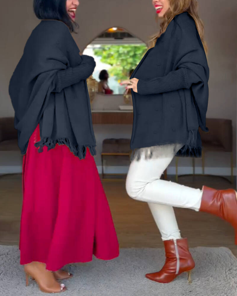 Tassel Design Long Sleeve Slit Cardigan Fashion Versatile Warm Cape Shawl