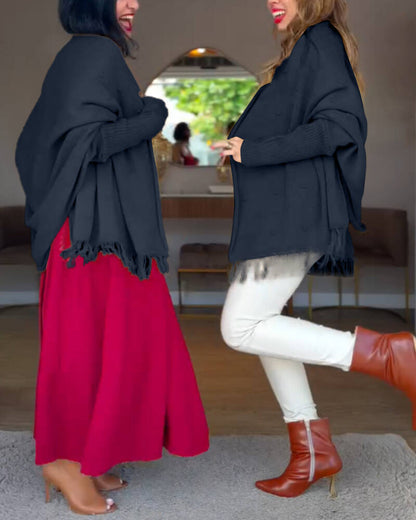 Tassel Design Long Sleeve Slit Cardigan Fashion Versatile Warm Cape Shawl