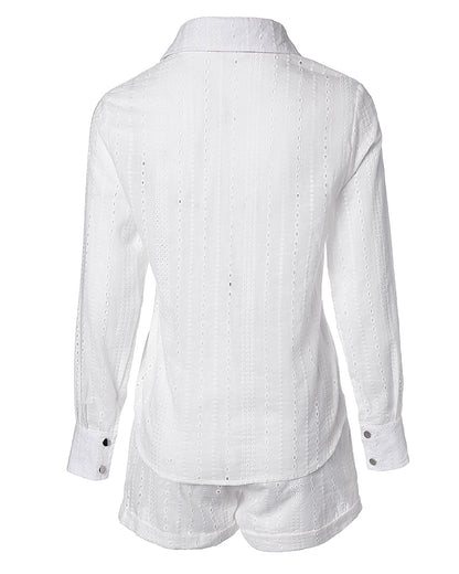 2 Pieces Outfit Turn Down Collar Button Front Eyelet Embroidery Top And Casual Elastic Waist Shorts Set With Lining