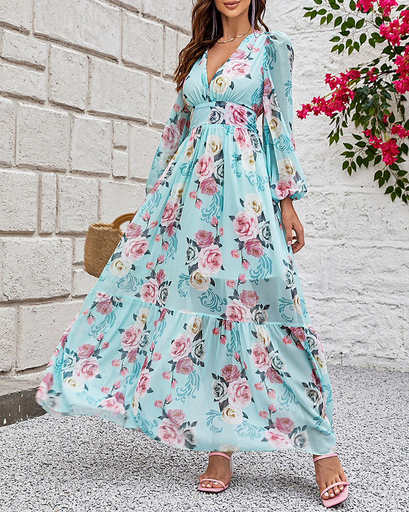 Floral Print Deep V Neck Lantern Sleeve Cinched Waist Maxi Dress Shirred Back Ruffle Hem A Line Dress