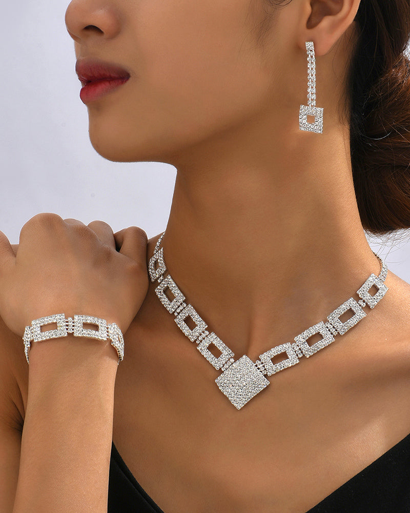 3PCS Allover Rhinestone Hollow Out Square Pendant Necklace & Drop Earrings & Bracelet Evening Party Wedding Jewelry Set