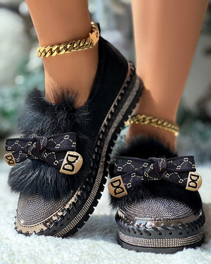 Rhinestone Bowknot Design Platform Fuzzy Slip-On Loafers