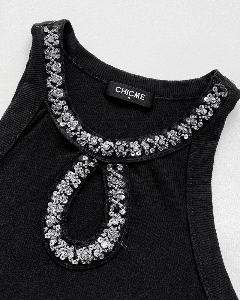 Rhinestone Contrast Sequin Keyhole Neck Sleeveless Slim Fit Elasticity Ribbed Top Elegant Tank