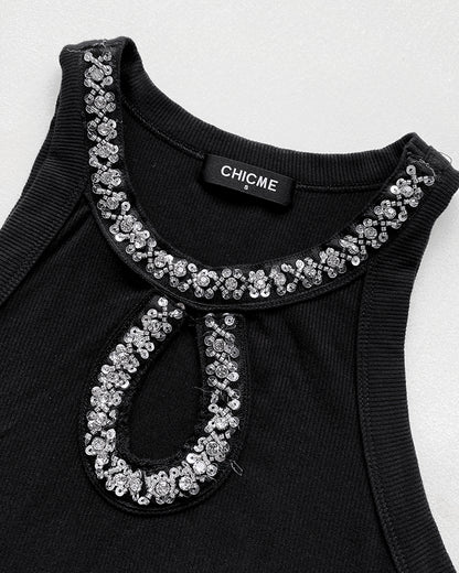 Rhinestone Contrast Sequin Keyhole Neck Sleeveless Slim Fit Elasticity Ribbed Top Elegant Tank
