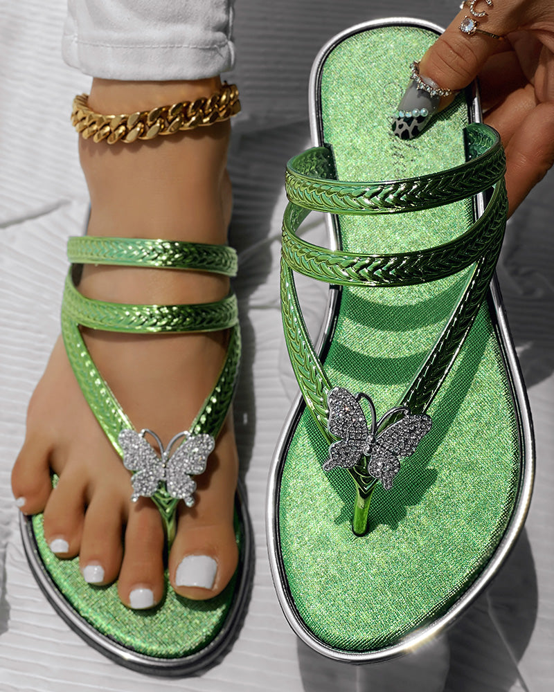 Butterfly Pattern Rhinestone Toe Post Flip Flops