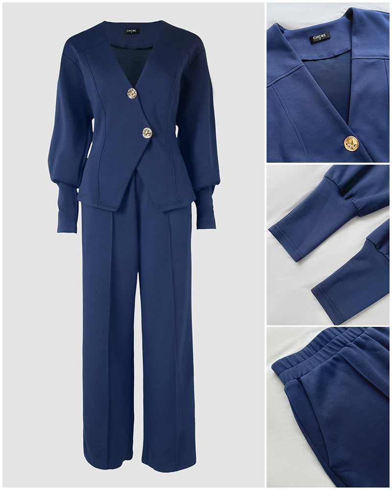 Women's 2 Piece Set V-Neck Cinched Waist Gigot Sleeve Top and High Waist Wide Leg Pants Elegant Set