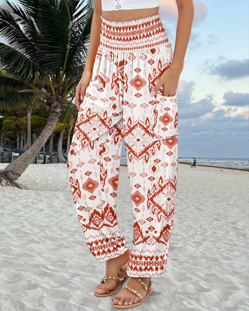 Tribal Print Shirred High Waist Cinched Hem Long Pants Vacation Pants with Pocket