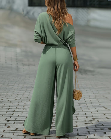Two-Piece Set Cold Shoulder Batwing Sleeve Top and Casual Elastic Waist Slit Wide Leg Pants