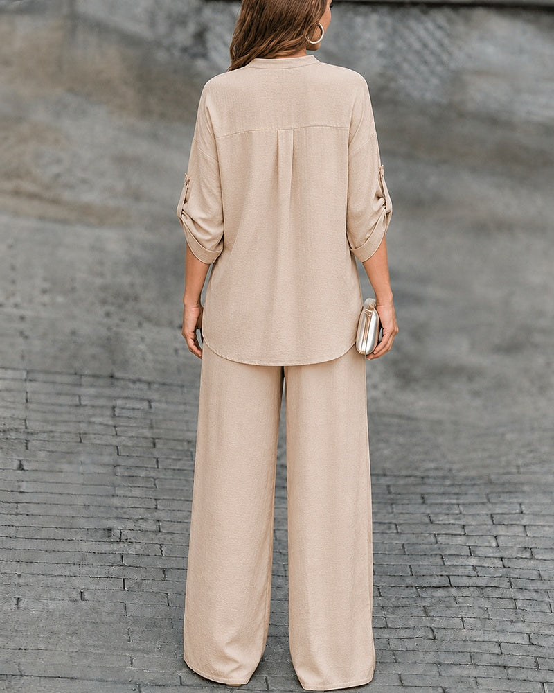 Women's 2 Piece Crinkled Outfits Notch Neck Roll Up Sleeve Top and High Waisted Wide Leg Pants Set