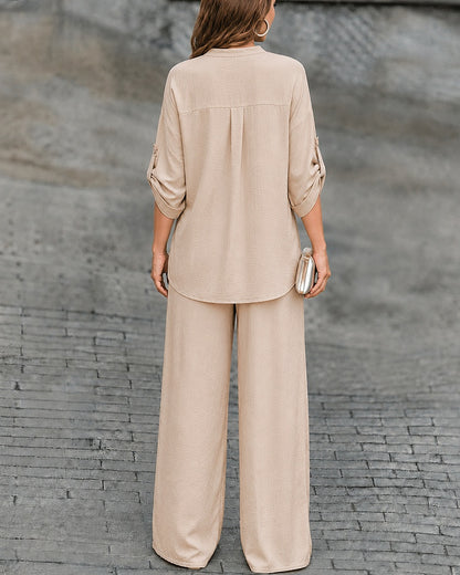 Women's 2 Piece Crinkled Outfits Notch Neck Roll Up Sleeve Top and High Waisted Wide Leg Pants Set