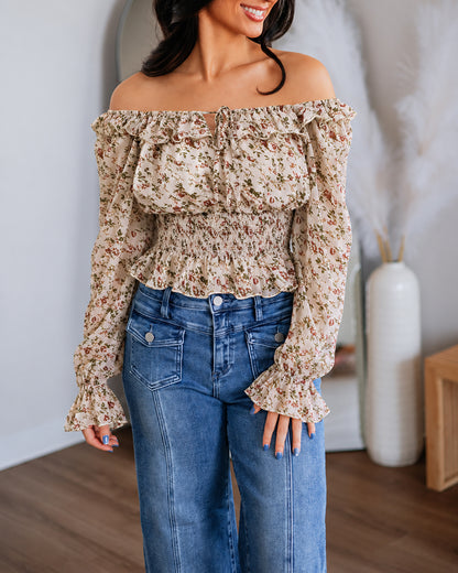 Women's Ditsy Floral Chiffon Off Shoulder Tie Front Shirred Peplum Top