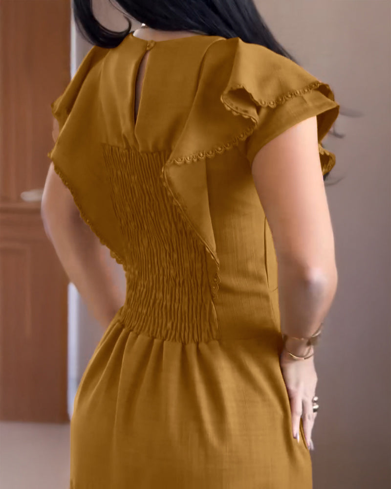 Butterfly Sleeve Hollow-out Back Shirred Work Dress Casual Cinched Waist Lace Trim Ruffle Hem Dress