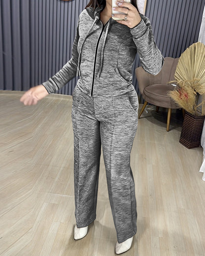 2 Pieces Outfit Long Sleeve Zip Up Drawstring Hoodie Coat and Casual Elastic Waist Seam Front Straight Leg Pants Set