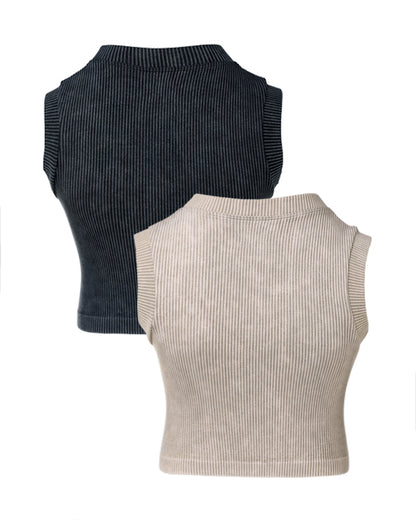 2-Pack Women's Washed Knit Tank Top Ribbed Sleeveless O-neck Cropped Tee Retro Casual Layering Top