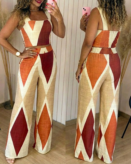 2 Pieces Outfit Square Neck Thick Strap Shirred Back Crop Tank Top and High Waist Elastic Back Waist Wide Leg Pants Set Casual Colorblock Geometric Print Vacation Set