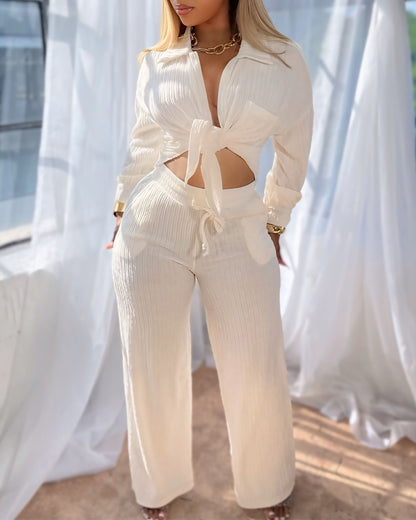 2 Pieces Outfit Turn-down Collar Button Front Pocket Design Asymmetrical Hem Top and Drawstring Elastic Waist Wide Leg Pants Set Casual Textured Set