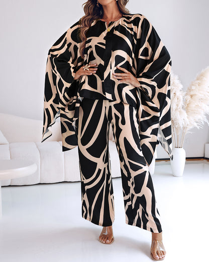 2 Pieces Outfit Abstract Print Batwing Sleeve Asymmetrical Top and Casual Wide Leg Pants Set