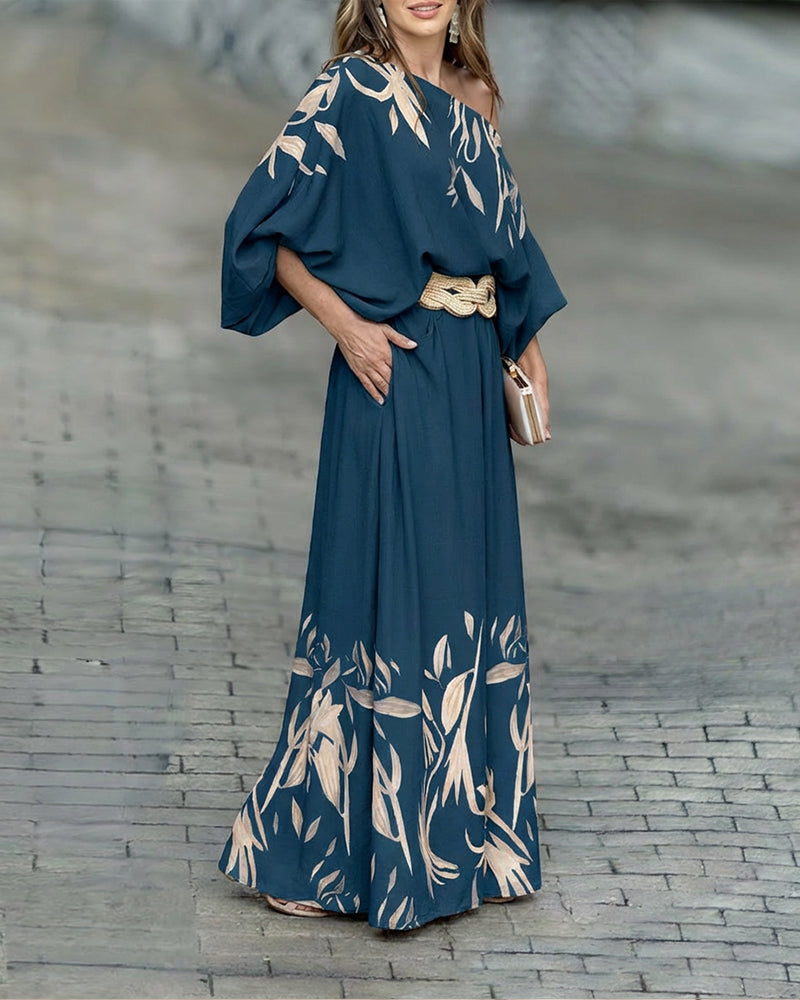 2 Pieces Outfit Skew Neck Batwing Sleeve Top and Zipper Fly Elastic Back Waist Wide Leg Pants Set Casual Plants Print Loose Fit Set without Belt