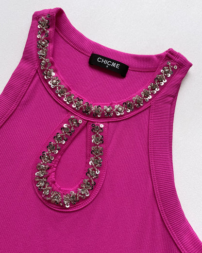 Rhinestone Contrast Sequin Keyhole Neck Sleeveless Slim Fit Elasticity Ribbed Top Elegant Tank