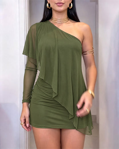 Women's One Shoulder Mesh Sleeve Asymmetrical Ruffle Mini Bodycon Dress