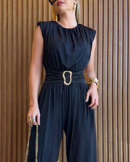 Women's Elegant Sleeveless Jumpsuit Ruched Crew Neck Overalls High Waisted Jogger Jumpsuit with Gold Buckle Belt