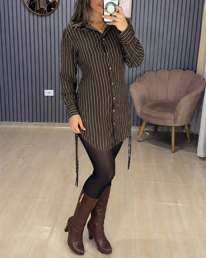 Women's Striped Shirred Back Shirt Dress Ruched Side Drawstring Long Sleeve Button Down Mini Dress