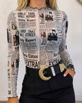 Women's Sheer Mesh Vintage Newspaper Print Mock Neck Frill Trim Long Sleeve Top