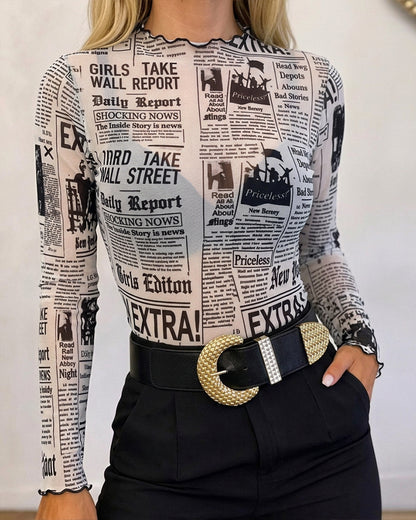 Women's Sheer Mesh Vintage Newspaper Print Mock Neck Frill Trim Long Sleeve Top
